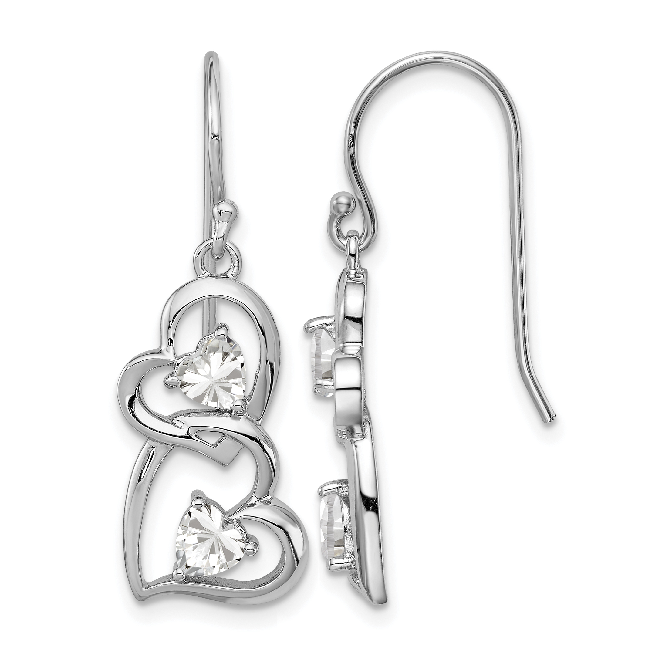 Sterling Silver RH-plated CZ Heart Dangle Shepherd Hook Earrings (QE11904)