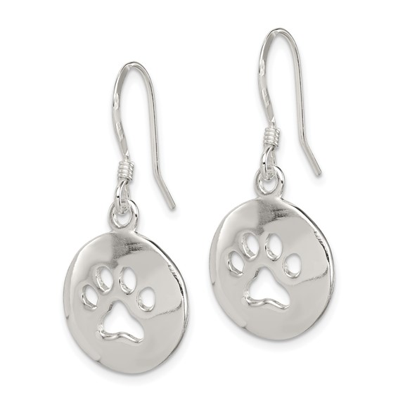 Sterling Silver Polished Paw Print Shepherd Hook Earrings