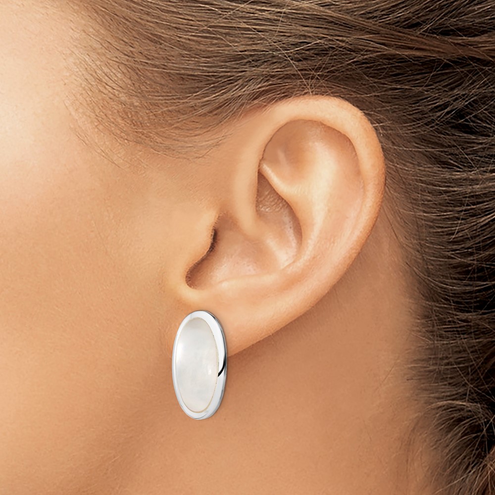 Sterling Silver Rhodium-plated Polished Mother of Pearl Oval Non Pierced Earrings (QE1196)