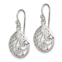 Sterling Silver Polished Filigree Swirl Wide Teardrop Dangle Earrings view 2