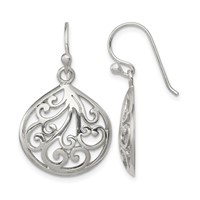 Sterling Silver Polished Filigree Swirl Wide Teardrop Dangle Earrings view 1