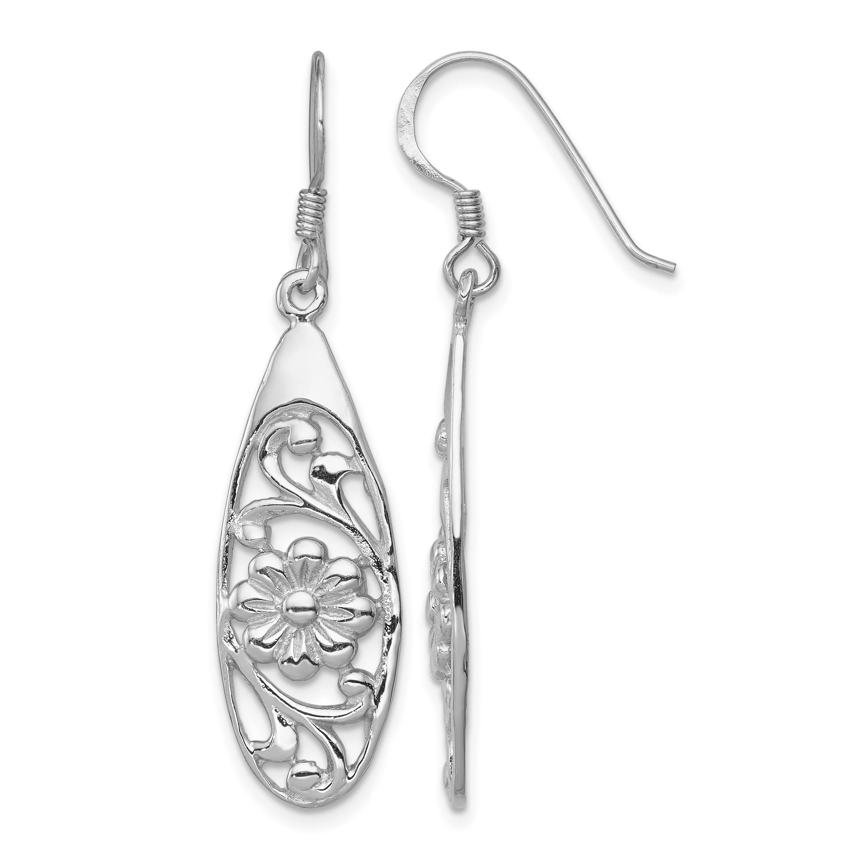 Sterling Silver Rhodium-plated Polished Fancy Flower Dangle Earrings (QE11995)