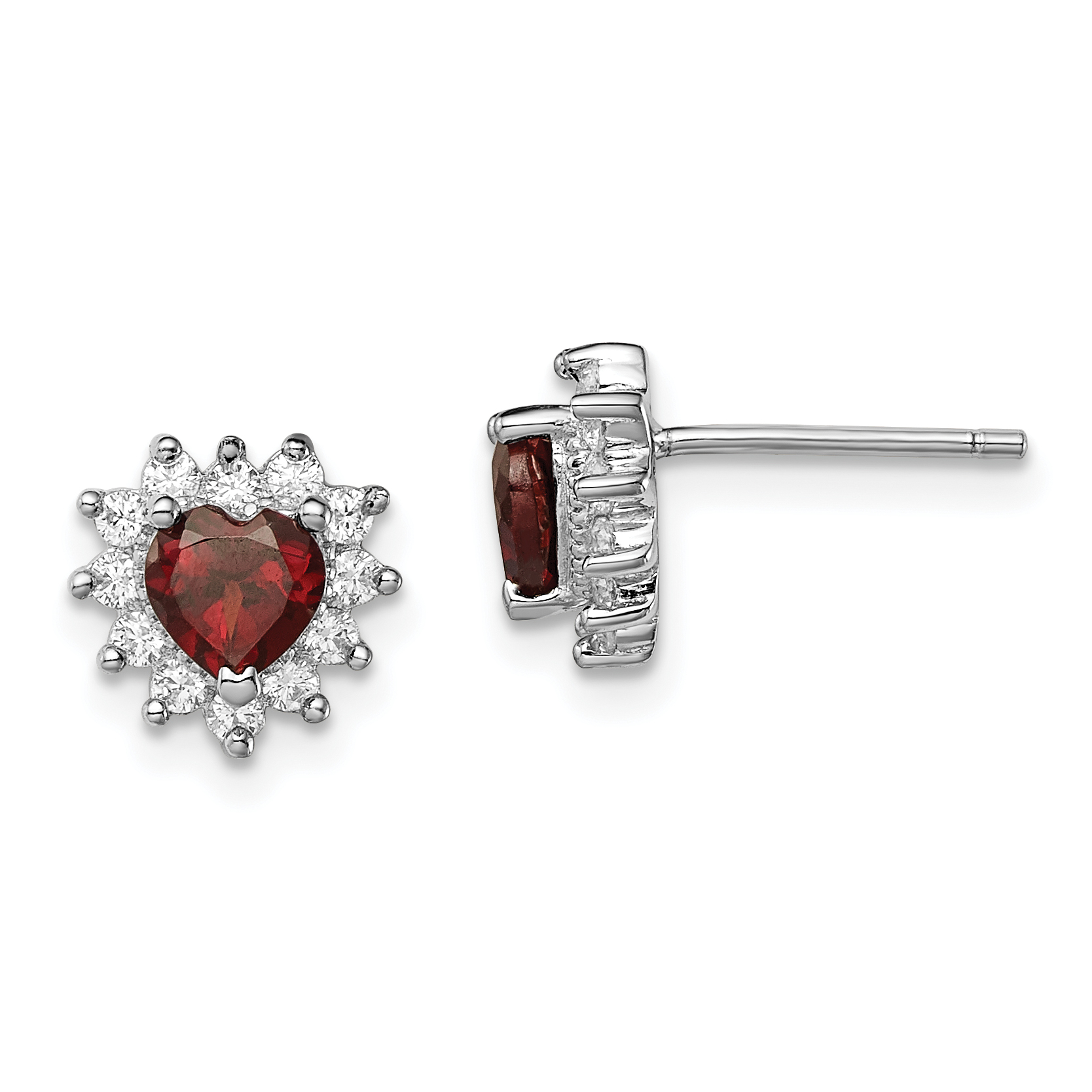 Sterling Silver Rhodium-plated Garnet and CZ Heart Earrings (QE1204)