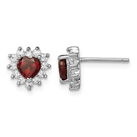 Sterling Silver Rhodium-plated Garnet and CZ Heart Earrings view 1