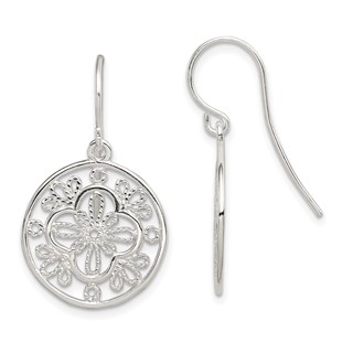 Sterling Silver Polished & Textured Filigree Circle Dangle Earrings