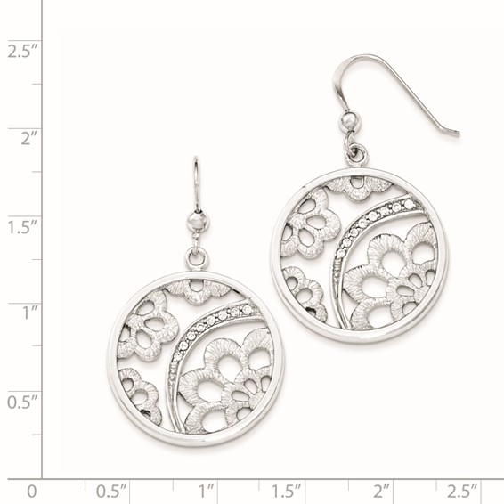Sterling Silver Rhodium-plated CZ Floral Round Dangle Earrings