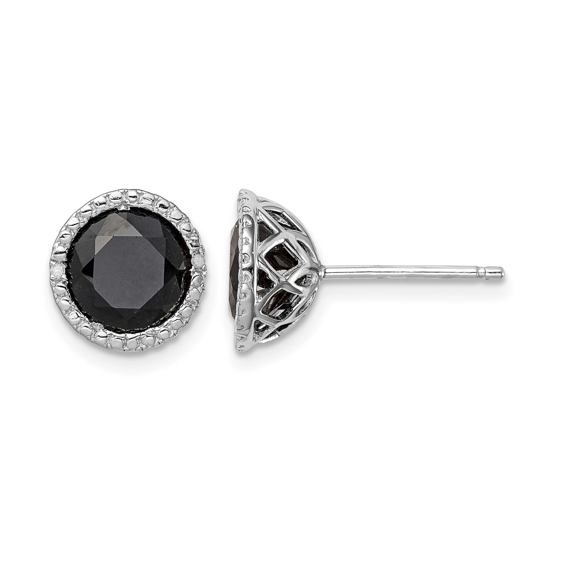 Sterling Silver Rhodium-plated Black Sapphire & Diamond Post Earrings (QE12152)