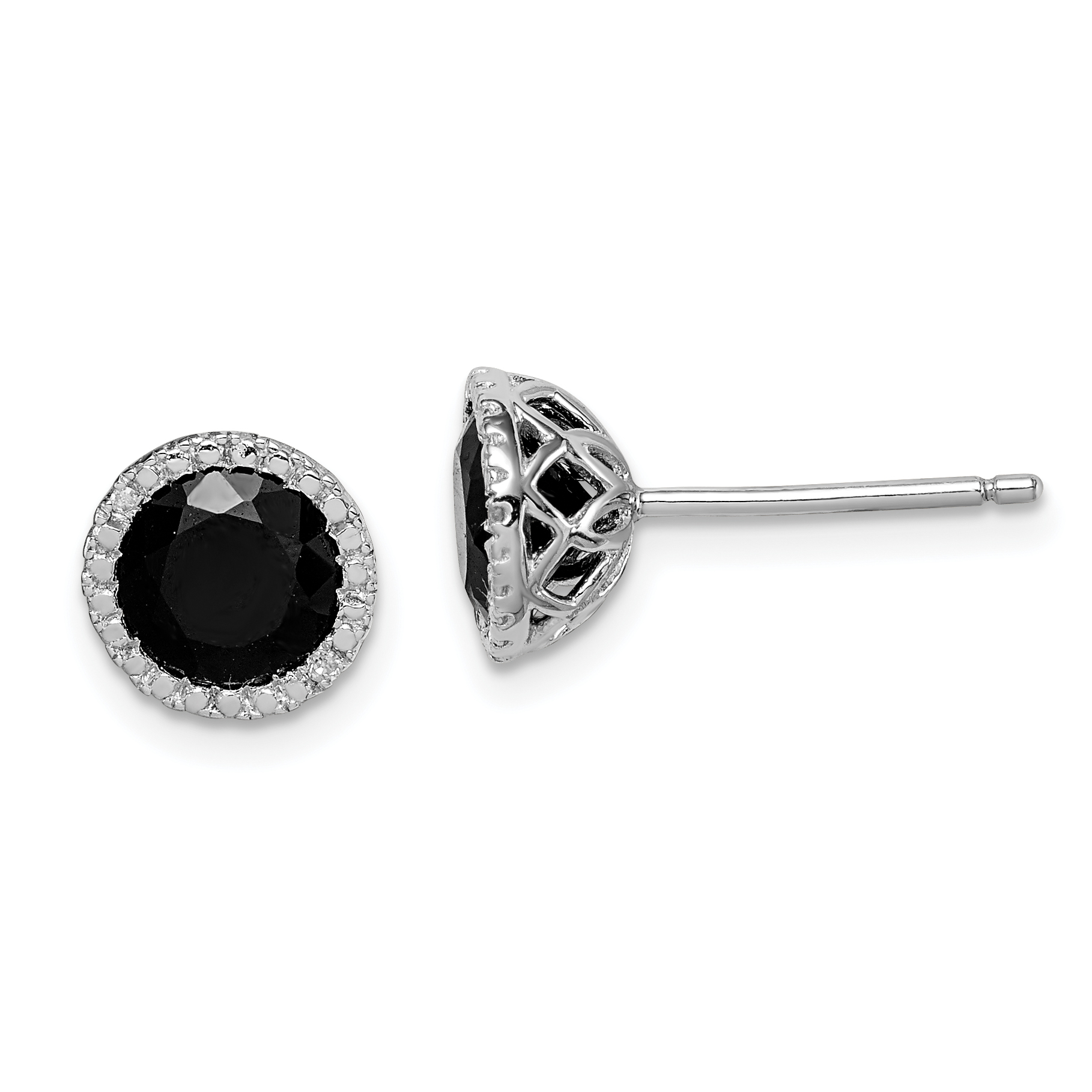 Sterling Silver Rhodium-plated Black Sapphire & Diamond Post Earrings (QE12153)