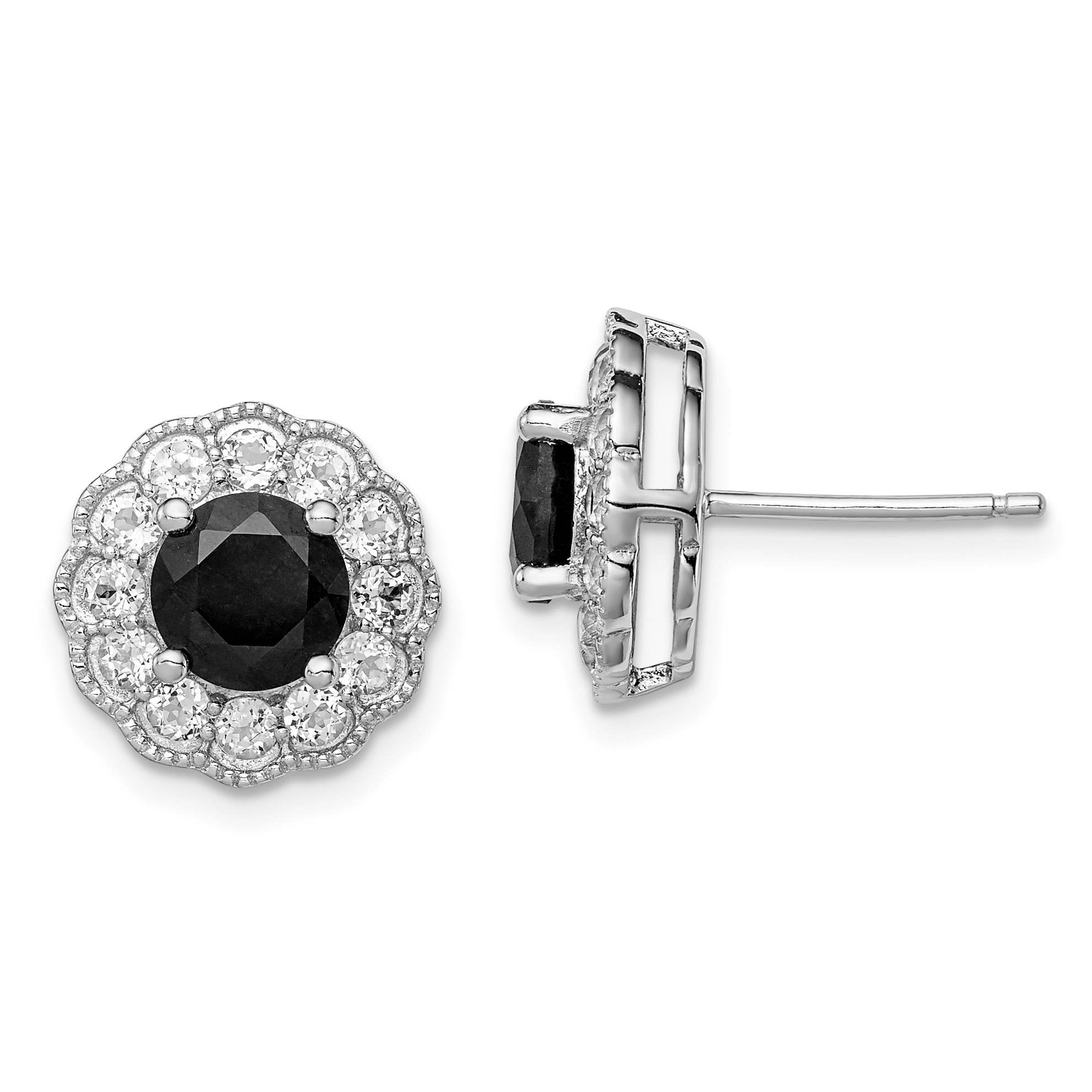 Sterling Silver Rhodium-plated Black Sapphire & White Topaz Post Earrings (QE12170)