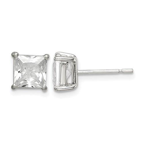 Sterling Silver Polished 6mm Princess CZ Stud Earrings
