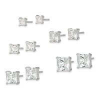 Sterling Silver Polished Square CZ 5-Pair Post Earrings Set view 2