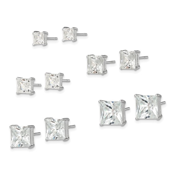 Sterling Silver Polished Square CZ 5-Pair Post Earrings Set