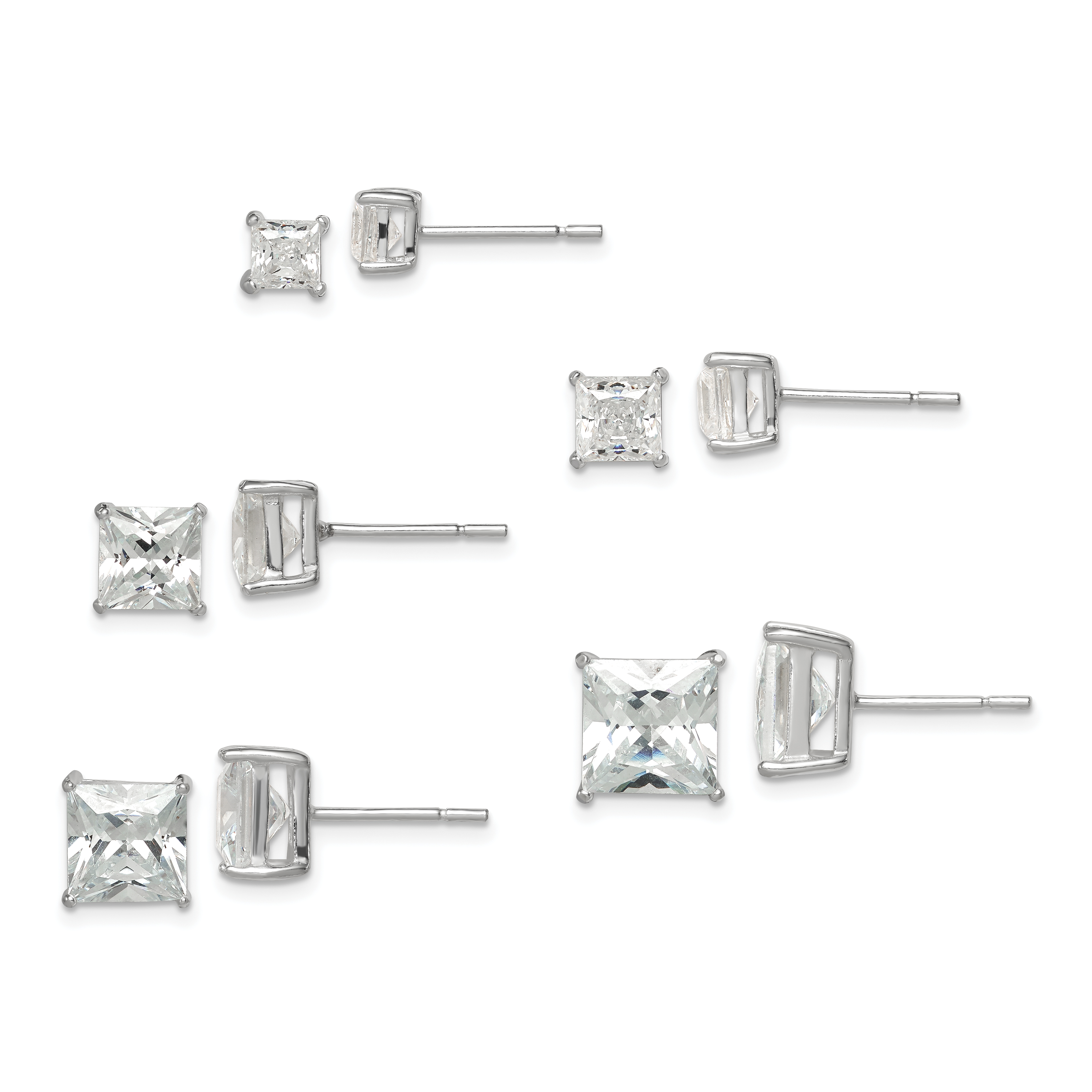 Sterling Silver Polished Square CZ 5-Pair Post Earrings Set (QE12187SET)
