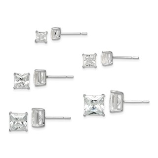 Sterling Silver Polished Square CZ 5-Pair Post Earrings Set