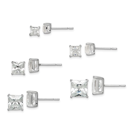Sterling Silver Polished Square CZ 5-Pair Post Earrings Set
