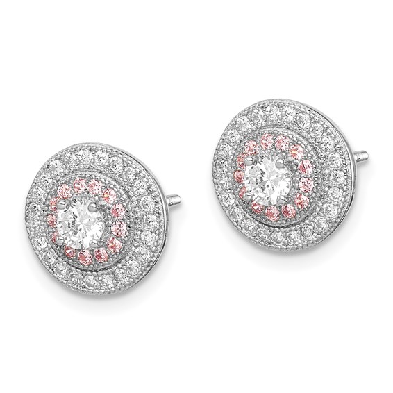 Sterling Silver Rhodium & Rose Gold-plated Pavé CZ Circle Post Earrings