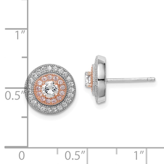 Sterling Silver Rhodium & Rose Gold-plated Pavé CZ Circle Post Earrings