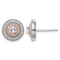 Sterling Silver Rhodium & Rose Gold-plated Pavé CZ Circle Post Earrings view 1
