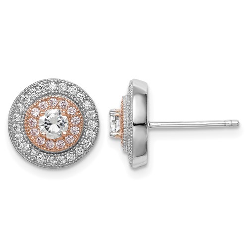 Sterling Silver Rhodium & Rose Gold-plated Pavé CZ Circle Post Earrings