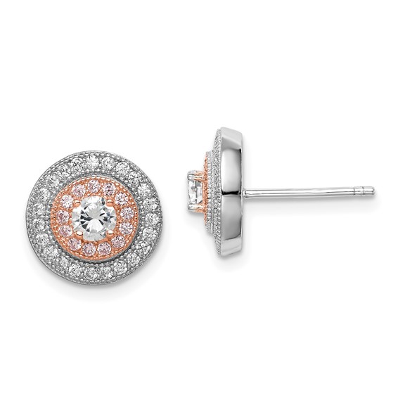 Sterling Silver Rhodium & Rose Gold-plated Pavé CZ Circle Post Earrings