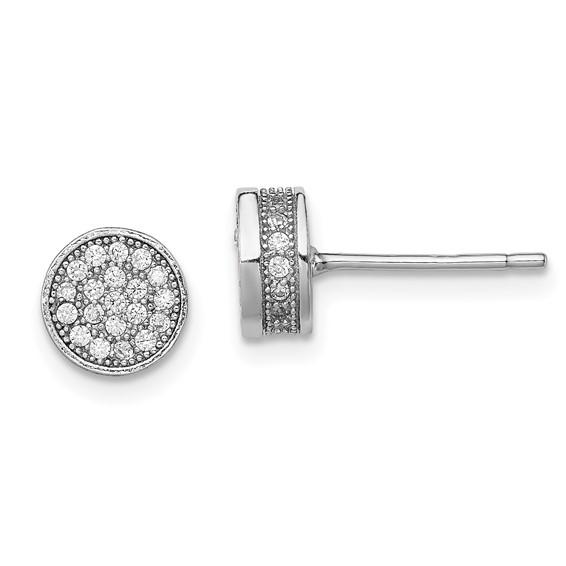 Sterling Silver Rhodium-plated Polished Pavé CZ 8mm Circle Post Earrings