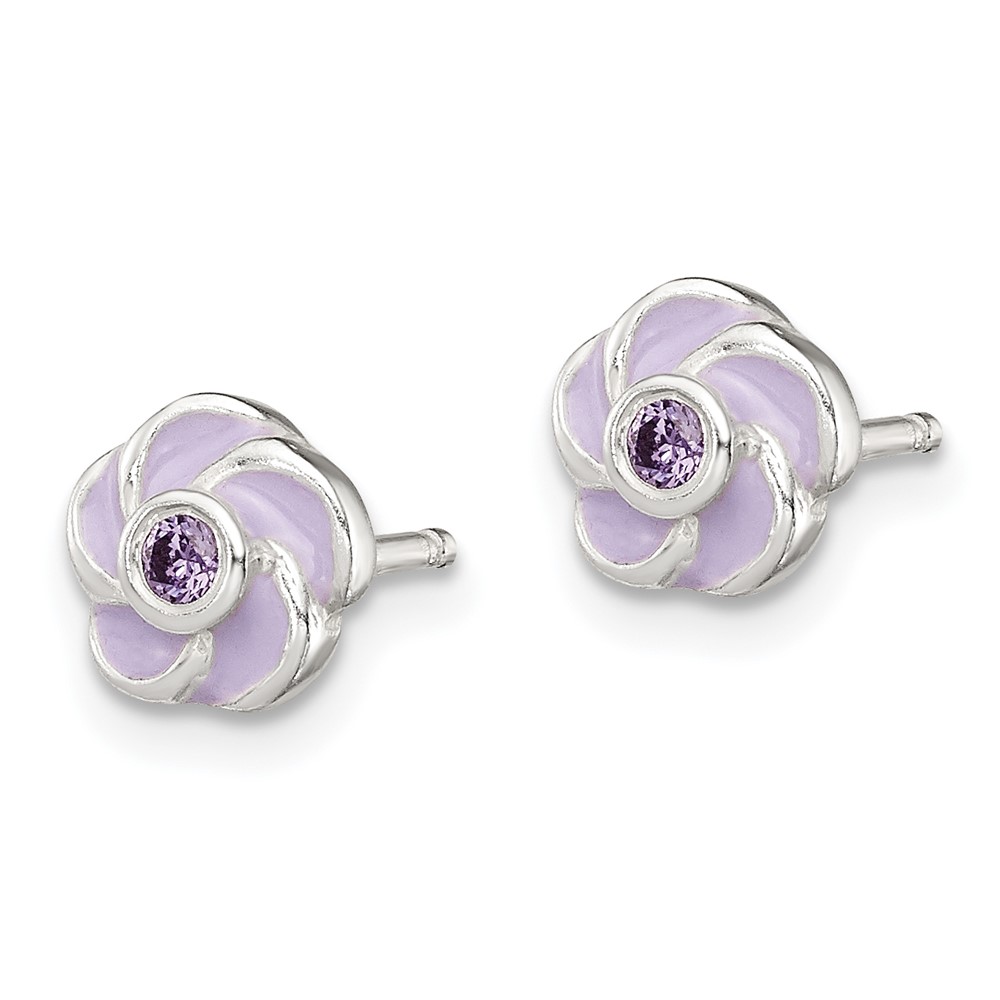 Sterling Silver Polished Purple CZ Enamel Flower Post Earrings (QE12236)