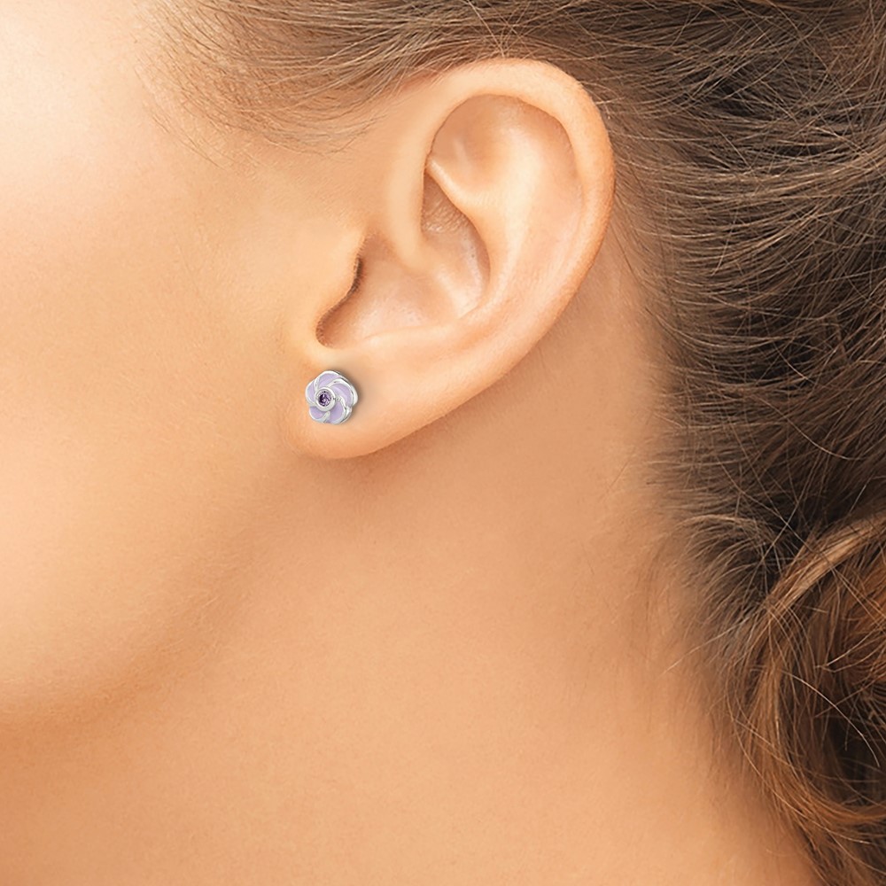 Sterling Silver Polished Purple CZ Enamel Flower Post Earrings (QE12236)