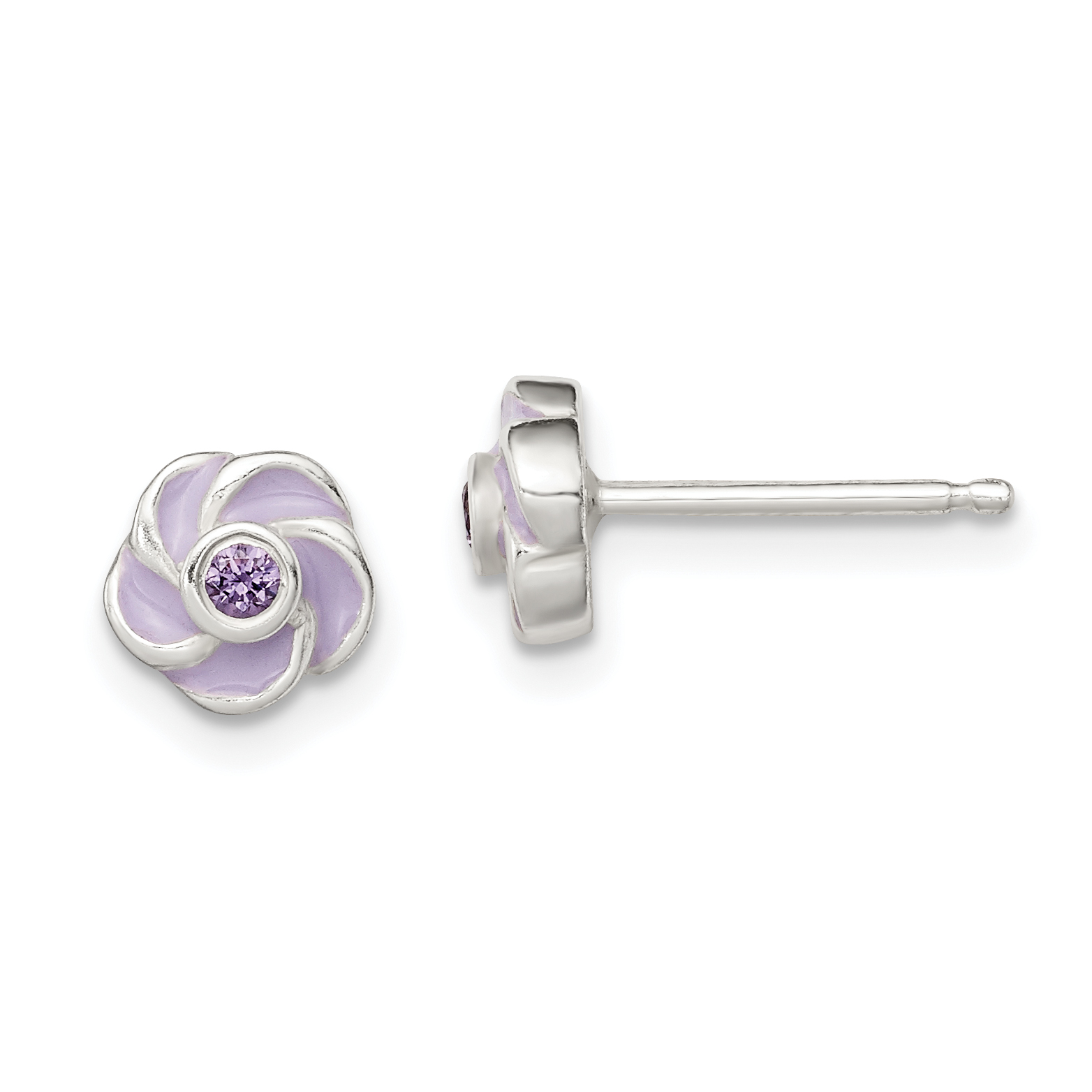 Sterling Silver Polished Purple CZ Enamel Flower Post Earrings (QE12236)
