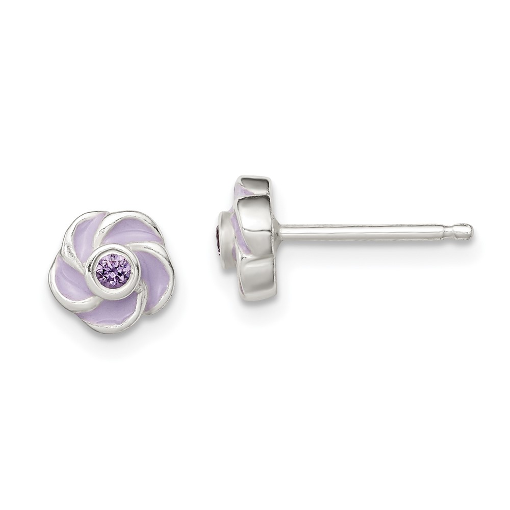 Sterling Silver Polished Purple CZ Enamel Flower Post Earrings (QE12236)