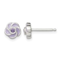 Sterling Silver Polished Purple CZ Enamel Flower Post Earrings view 1