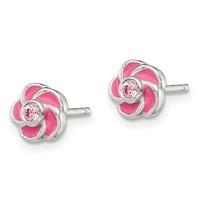 Sterling Silver Polished Enamel Flower CZ Post Earrings view 2