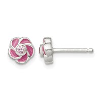 Sterling Silver Polished Enamel Flower CZ Post Earrings view 1