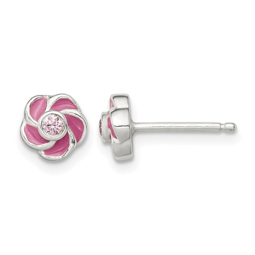 Sterling Silver Polished Enamel Flower CZ Post Earrings