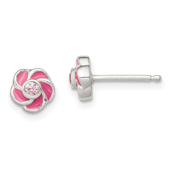 Sterling Silver Enameled with CZ Flower Post Earring