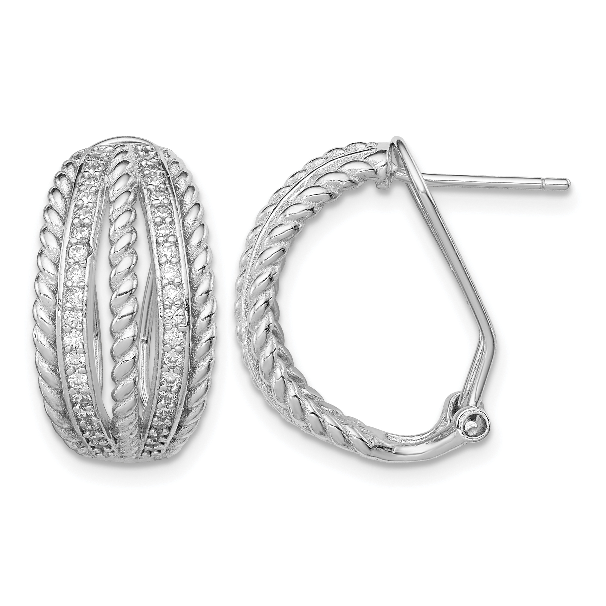 Sterling Silver RH-plated Polished Rope CZ Omega Back C-Hoop Earrings (QE12267)