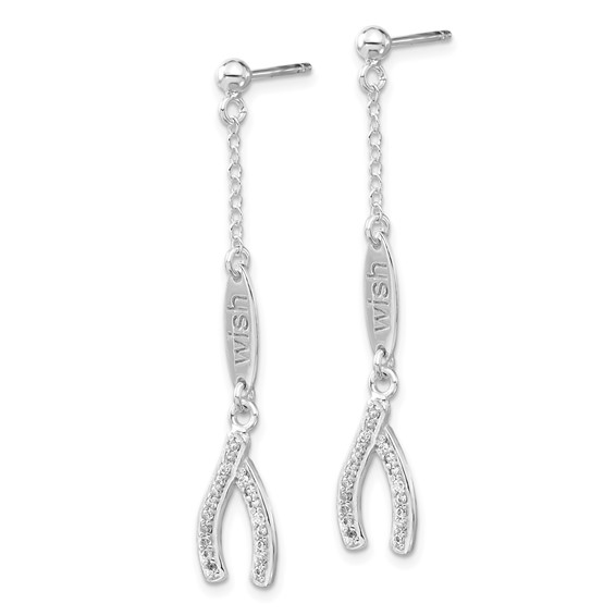 Sterling Silver Polished CZ Wishbone Dangle Post Earrings