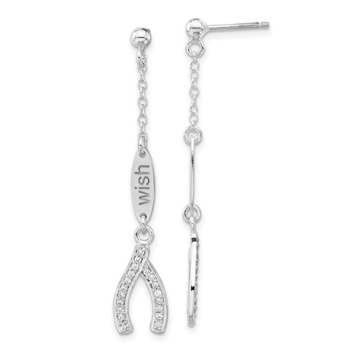 Sterling Silver Polished CZ Wishbone Dangle Post Earrings