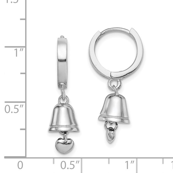 Sterling Silver RH-plated Polished Bell w/Heart Hinged Hoop Earrings