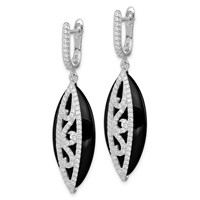 Sterling Silver Rhodium-plated CZ and Onyx Hinged Hoop Earrings view 2