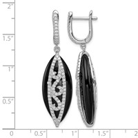 Sterling Silver Rhodium-plated CZ and Onyx Hinged Hoop Earrings view 4