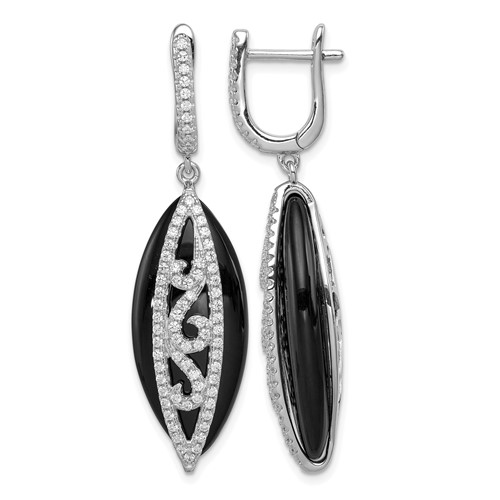 Sterling Silver Rhodium-plated CZ and Onyx Hinged Hoop Earrings
