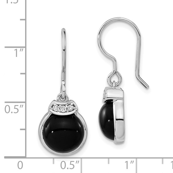 Sterling Silver Polished Round Black Agate & CZ Dangle Earrings