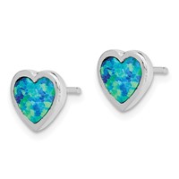 Sterling Silver Rhodium-plated 9mm Blue Created Opal Heart Post Earrings view 2