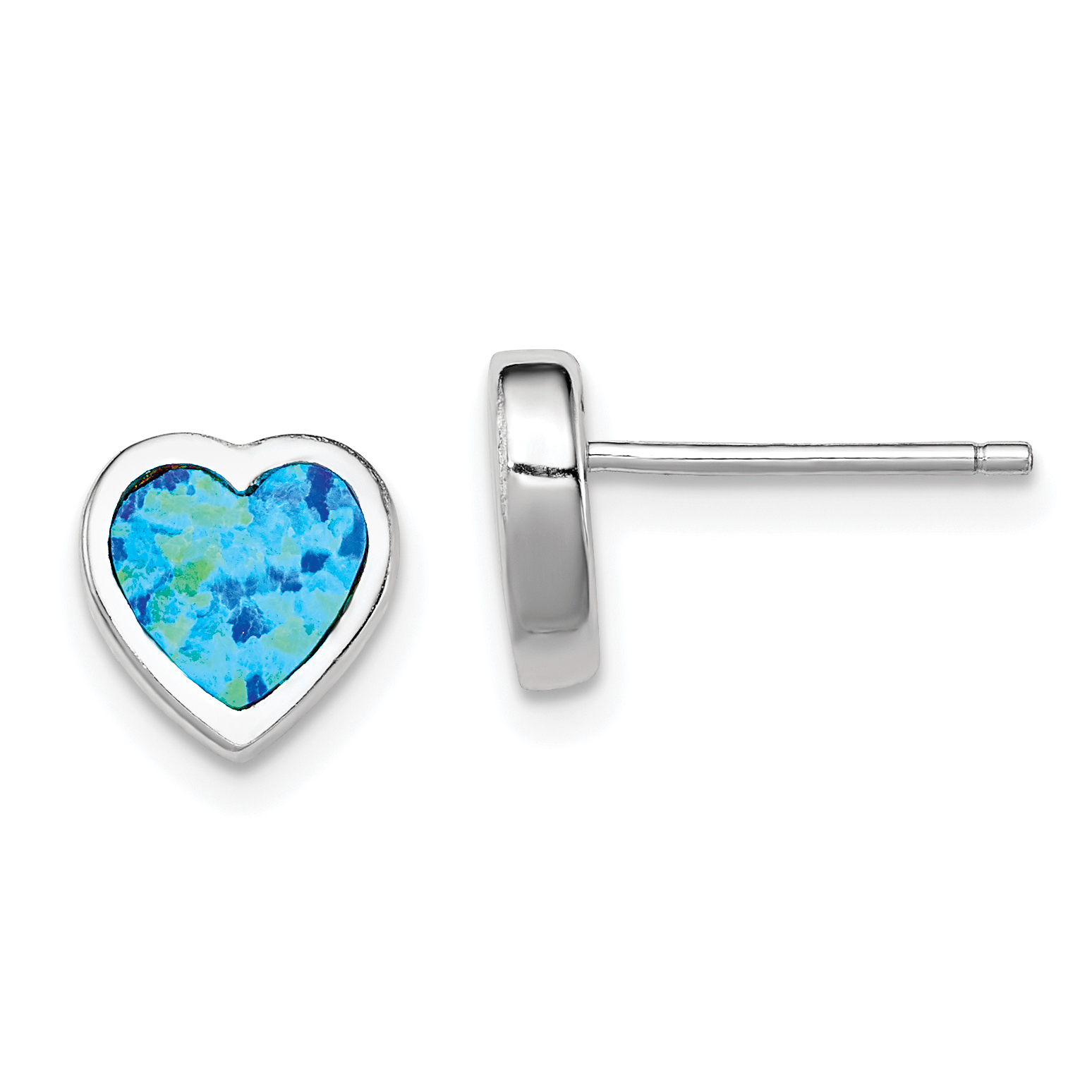 Sterling Silver Rhodium-plated 9mm Blue Created Opal Heart Post Earrings (QE12348)