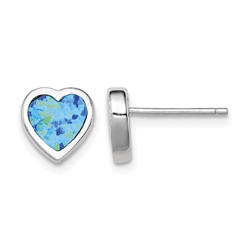 Sterling Silver Rhodium-plated 9mm Blue Created Opal Heart Post Earrings