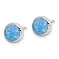 Sterling Silver RH-plated Polished Blue Created Opal Round Stud Earrings view 2