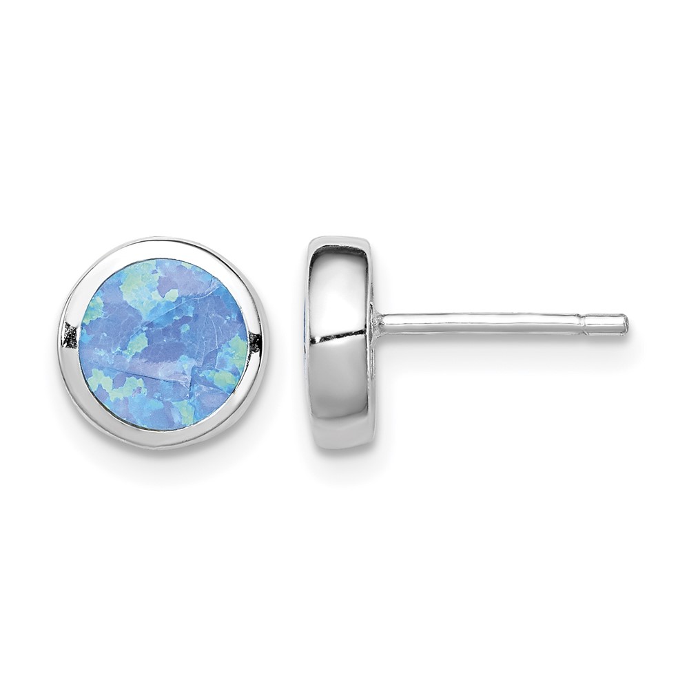 Sterling Silver RH-plated Polished Blue Created Opal Round Stud Earrings (QE12349)