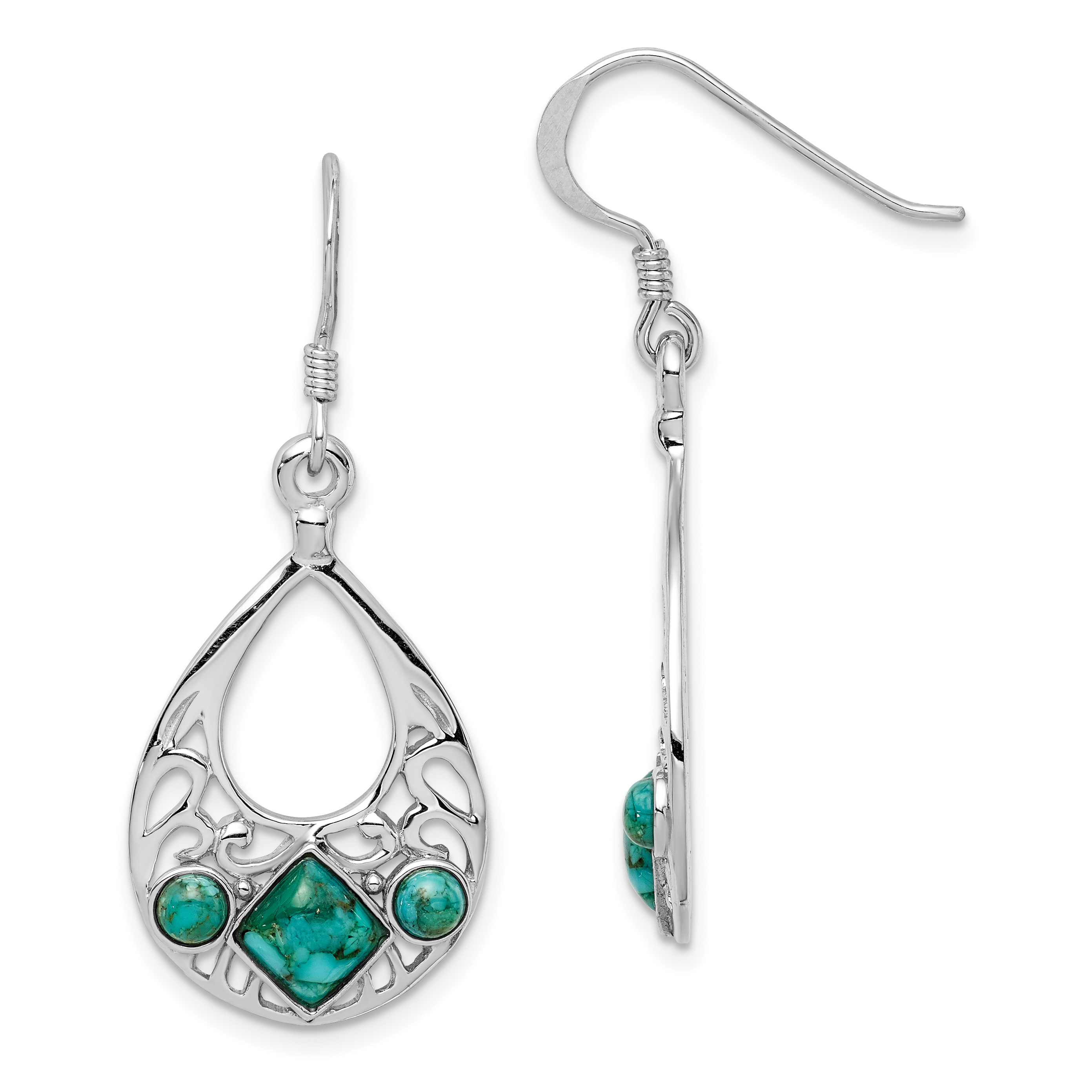 Sterling Silver Rhodium-plated Recon. Turquoise Dangle Earrings (QE12354)