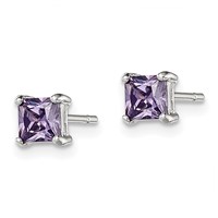 Sterling Silver Polished Square 4mm Purple CZ Stud Earrings view 2