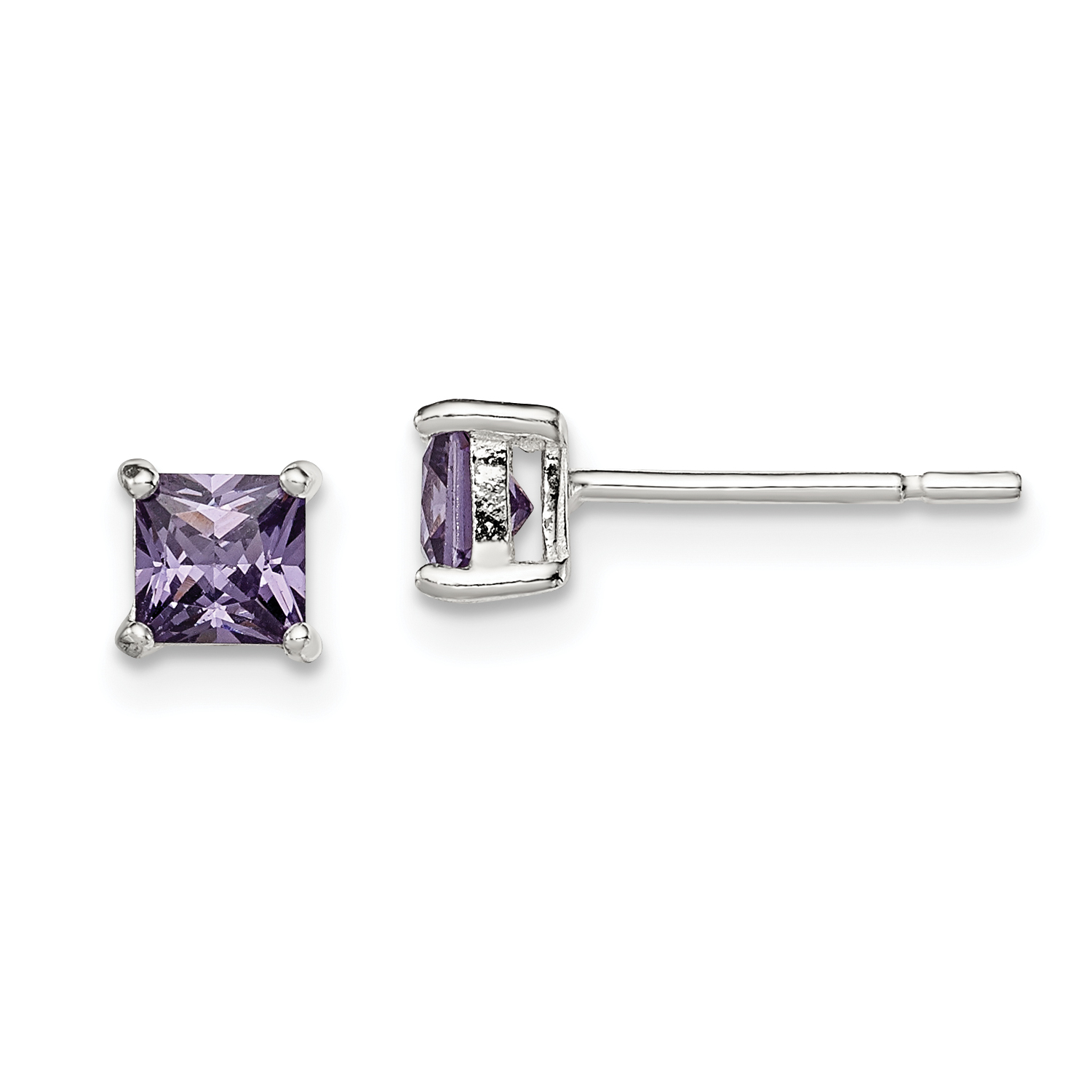 Sterling Silver Polished Square 4mm Purple CZ Stud Earrings (QE12362)